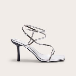Silver Metallic PU Square Toe Asymmetric Strap Barely There Heeled Sandals