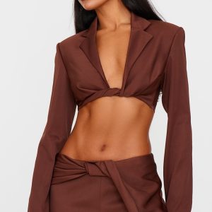 Chocolate Brown Twist Detail Long Sleeve Cropped Blazer