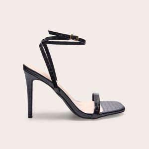 Black Pu Croc Square Toe Barely There Strap High Heeled Sandals