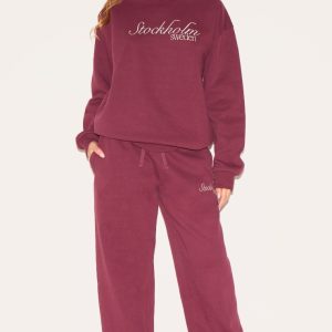 Burgundy Premium Stockholm Embroidered Wide Leg Joggers