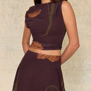 Dark Chocolate Floral Printed Chiffon High Waisted A-line Mini Skirt
