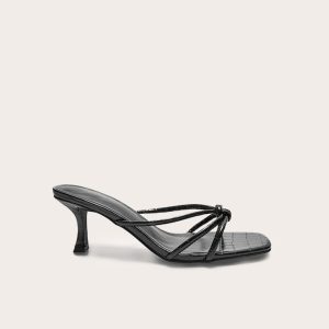 Black Wide Fit Croc PU Square Toe Knotted Heeled Mules