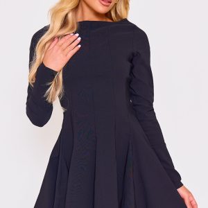 Black Stretch Woven Boat Neck Long Sleeve Pleated Shift Dress