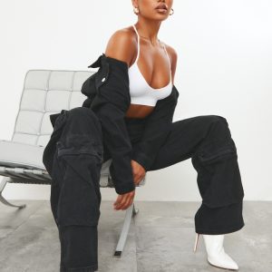 Washed Black Cargo Pocket Detail Wide Leg Jeans