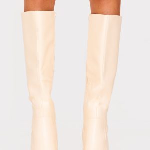 Cream Pu Wide Fit Round Toe Knee High Heeled Boots