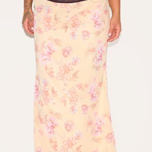 Plus Lemon Floral Printed Low Rise Fishtail Maxi Skirt