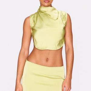Chartreuse Satin Tie Back High Neck Cowl Crop Top