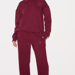 PRETTYLITTLETHING Burgundy Premium Studio Archives Straight Leg Joggers