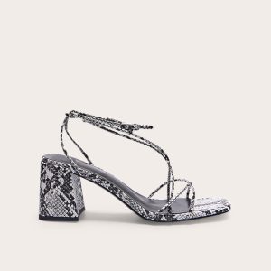 Snake PU Round Toe Strappy Mid Block Heeled Sandals