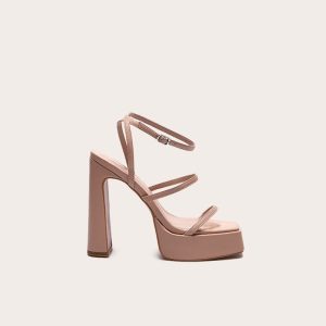 Nude Pu Square Toe Platform Heeled Sandals