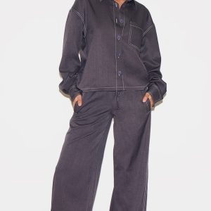 Charcoal Woven Contrast Stitch Wide Leg Trousers
