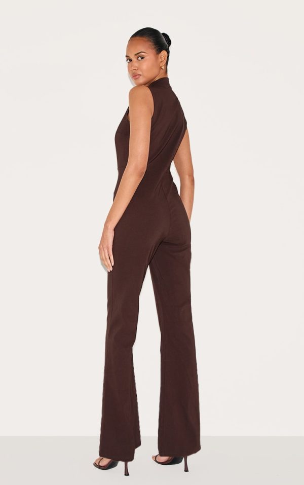 a80a230017a7b92c4319e184905bb21159c3ff6a_CNM3119_2_dark_chocolate_stretch_woven_collared_gold_trim_straight_leg_jumpsuit