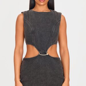 Grey Gold Cuff Detail Cut Out Denim Mini Dress