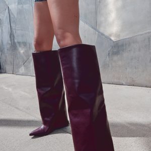 Wide Fit Burgundy PU Fold Over Zip Detail Point Toe Knee High Wedge Heeled Boots
