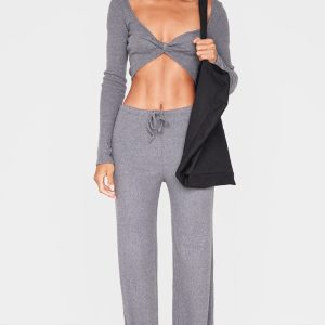Charcoal Wide Leg Brushed Rib Drawstring Trousers