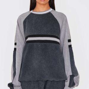 Washed Charcoal Striped Rib Panel Oversized Sweatshirt