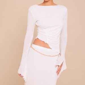 White Burnout Mesh Ruched Front Flared Sleeve Long Top