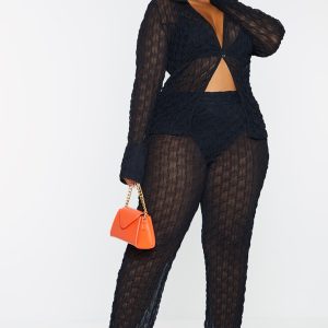 Plus Black Mesh Straight Leg Trousers