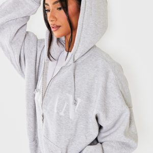 Petite Ash Grey Slogan Detail Zip Up Hoodie