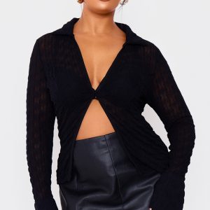 Plus Black Mesh Button Front Shirt