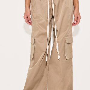 Stone Drawstring Cargo Pocket Detail Straight Leg Trousers