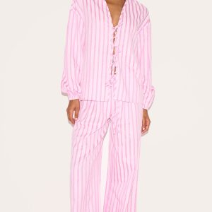 Pink Striped Textured Tie Drawstring Wide Leg Trousers