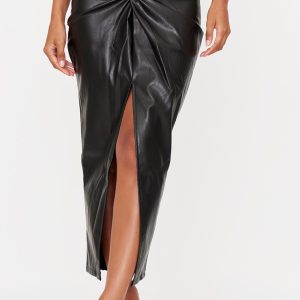Black Faux Leather Twist Detail Front Midi Skirt