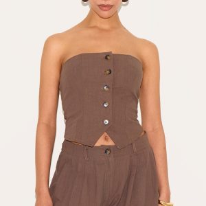 Petite Chocolate Woven Bandeau Button Up Top