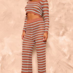 Mocha Stripe Crochet Knit Wide Leg Trousers