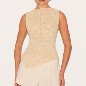 Oatmeal Textured Filigree Knit Boat Neck Asymmetric Hem Vest Top