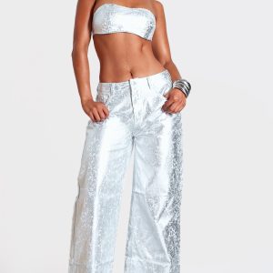 Silver Coated Crackle Effect Denim Wide Leg Jeans