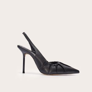 Black Pu Point Toe Ruched Sling Back High Stiletto Heeled Courts