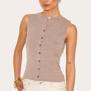 Tall Mocha Button Through Sleeveless Top
