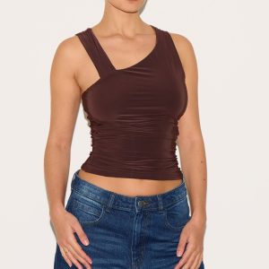 Chocolate Asymmetric Strap Detail Vest Top