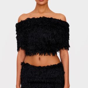 Black Feathered Scooped Back Crop Top