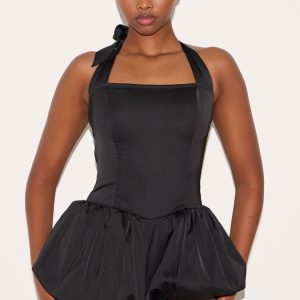 Black Satin Halter Neck Puffball Playsuit