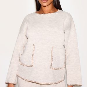 Maternity Oatmeal Knitted Contrast Stitch Pocket Detail Jumper