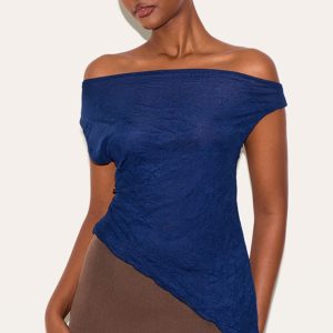 Navy Crinkle Mesh Asymmetric Neck Top