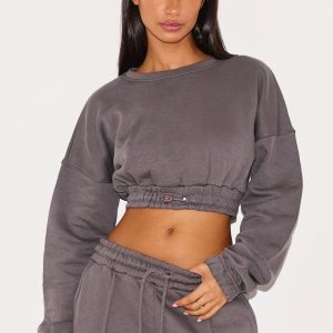 Petite Steel Blue Crop Elasticated Sweat Top