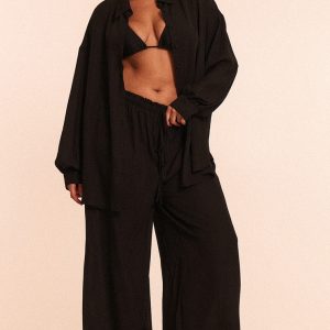 Plus Black Tie Waist Beach Trousers