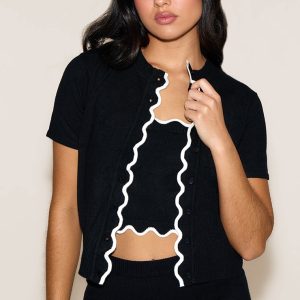 Black Contrast Soft Knit Scallop Hem Fitted Cardigan