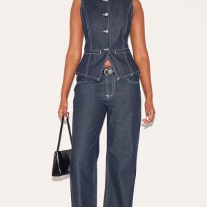 Raw Indigo Wash Mid Waist Straight Leg Jeans