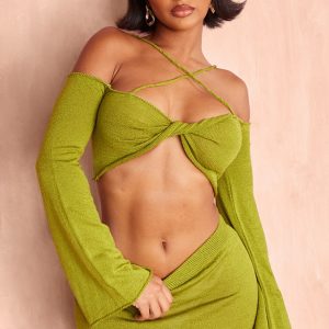 Shape Olive Knit Long Sleeve Twist Front Crop Top