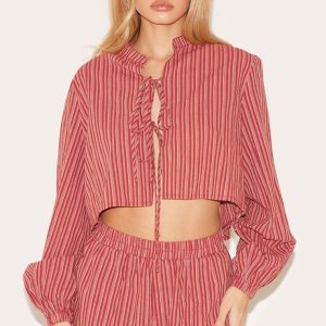 Red Striped Linen Cropped Shirt