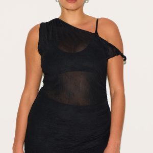 Plus Black Crinkle Mesh Twist Sleeve Detail Long Top