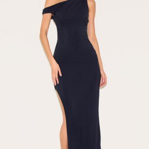 Black Matte Sculpt Asymmetric Neck Maxi Dress