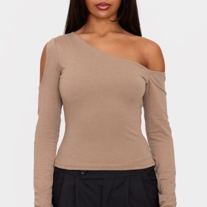 Taupe Contour Jersey Bardot Long Sleeve Top