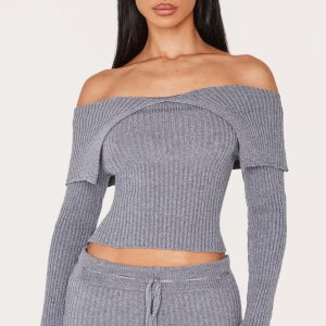 Petite Charcoal Fold Over Detail Knit Top
