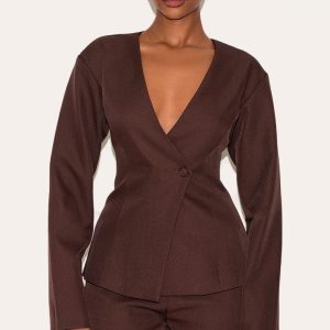 Deep Chocolate Tailored Cinched Waist Asymmetric Blazer