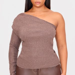 Plus Chocolate Brushed Rib Asymmetric Shoulder Long Top